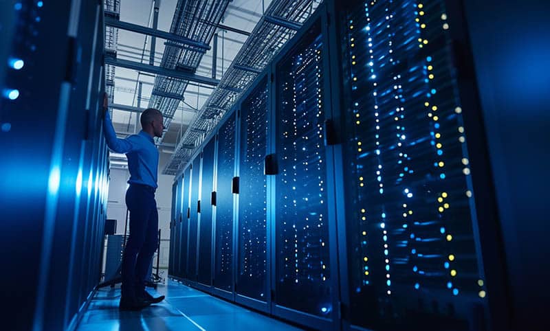 Illustration eines IT-Teams, das durch Wartung und Monitoring typische IT-Probleme verhindert