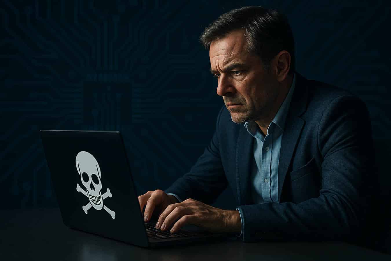 Bild: Ein Mann mittleren Alters sitzt angespannt vor einem Laptop mit Totenkopf-Symbol, im Hintergrund digitale Platinen-Optik in Blau, dramatische Lichtstimmung