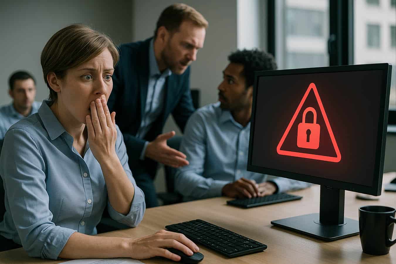 Eine erschrockene Büroangestellte sitzt vor einem Bildschirm, der ein rotes Warnsymbol mit Vorhängeschloss zeigt. Im Hintergrund diskutieren mehrere Kollegen besorgt über den Vorfall. Die Szene stellt eine reale IT-Sicherheitskrise durch menschliches Fehlverhalten im Unternehmen dar
