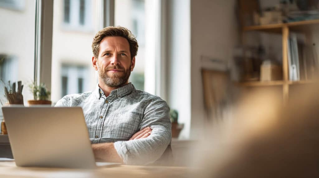Inhaber eines Handwerksbetriebs arbeitet ruhig im Büro am Laptop dank stabiler IT-Modernisierung und professioneller IT-Betreuung