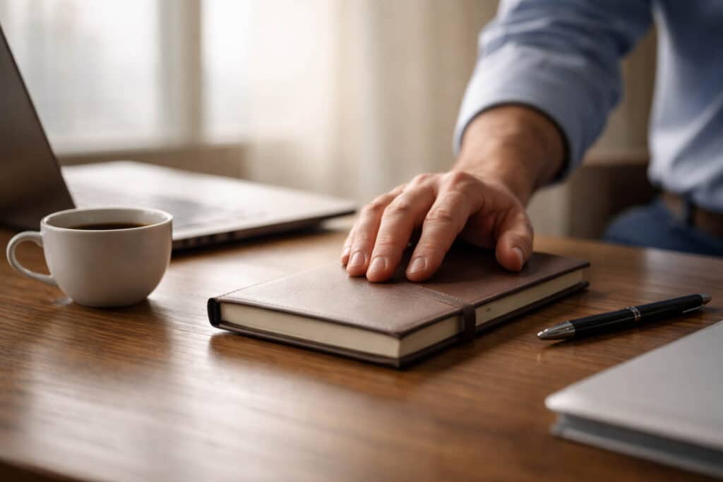 Hand schließt das Notizbuch auf dem Schreibtisch